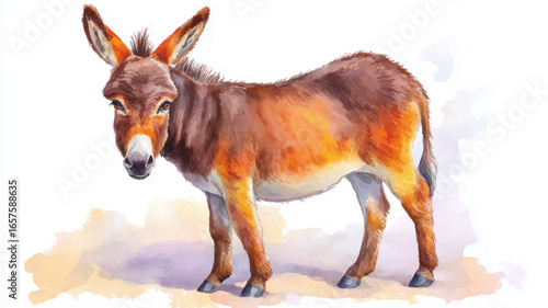 Vector illustration. Watercolor painting of a gray donkey standing in a field. Farm animals.