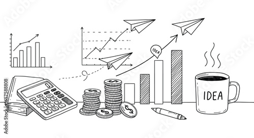 Business planning and finance concept with calculator coins and graphs silhouette