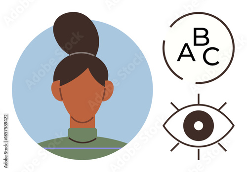 Female profile with bun hairstyle, eye symbol, and alphabet chart for visual clarity testing. Ideal for health, optometry, education, clarity, examination human focus and awareness. Simple flat