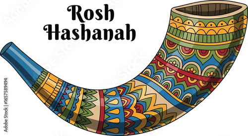 Illustration of a colorful shofar for rosh hashanah, the jewish new year celebration, a traditional and religious holiday