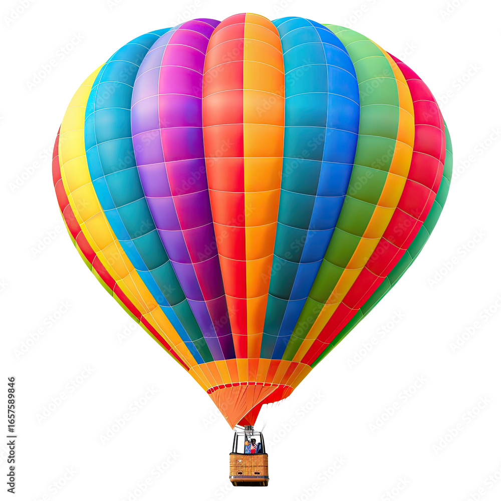 Fototapeta premium Colorful hot air balloon against black background. Basket beneath