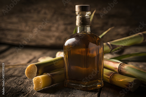 Artisan rum bottle beside fresh sugar cane stalks showcasing the authentic origins of this tropical spirit.