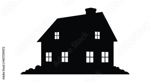 A black silhouette of a two story house with a chimney and windows