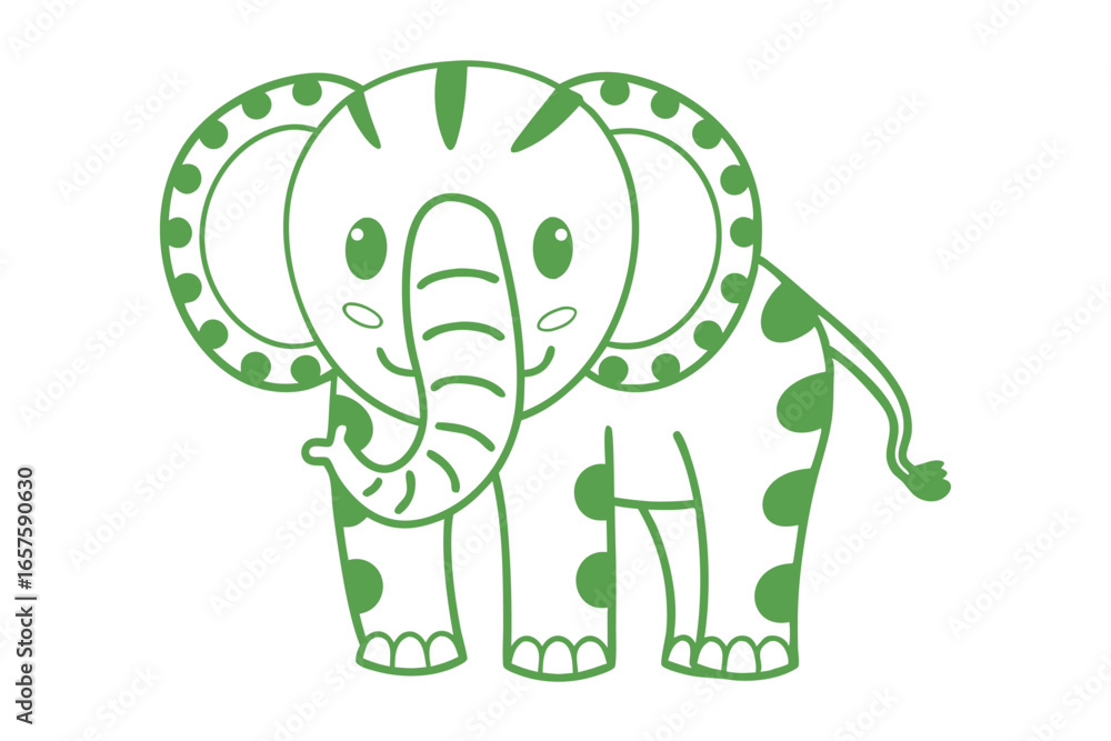 Fototapeta premium Cartoon elephant with green spots and a striped head stands happily on white