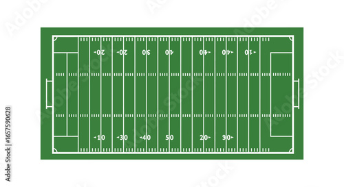 American football field with white markings on green grass from above silhouette