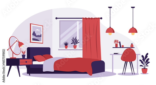 A cozy bedroom with a bed nightstand and desk with modern furniture silhouette