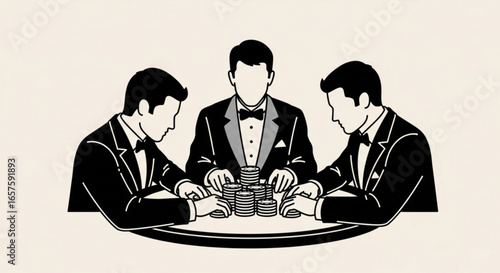 Elegant poker game illustration featuring tuxedo clad players and casino chips for gambling and high stakes