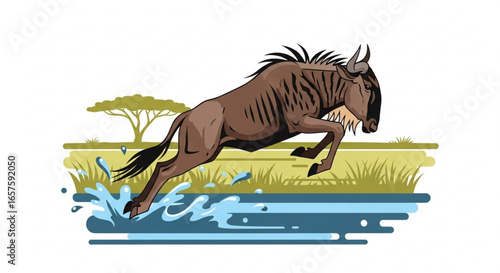 Wildebeest running across river vector illustration african wildlife animal migration safari adventure design