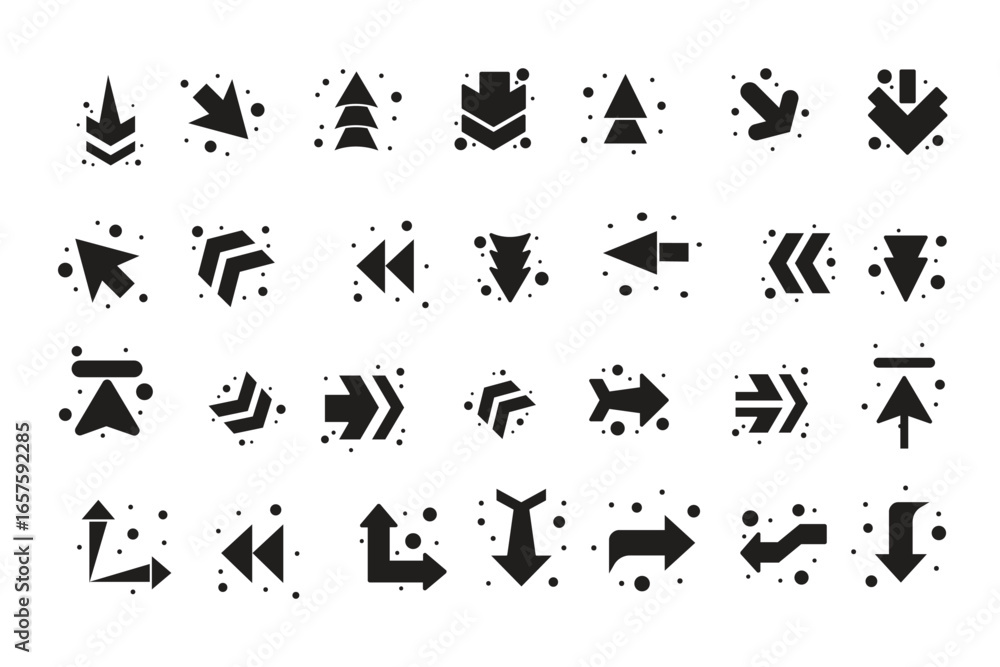 Fototapeta premium Black abstract arrow icon set with dotted and circuit line decorative elements modern navigation pointer vector collection for infographic web user interface and creative design projects
