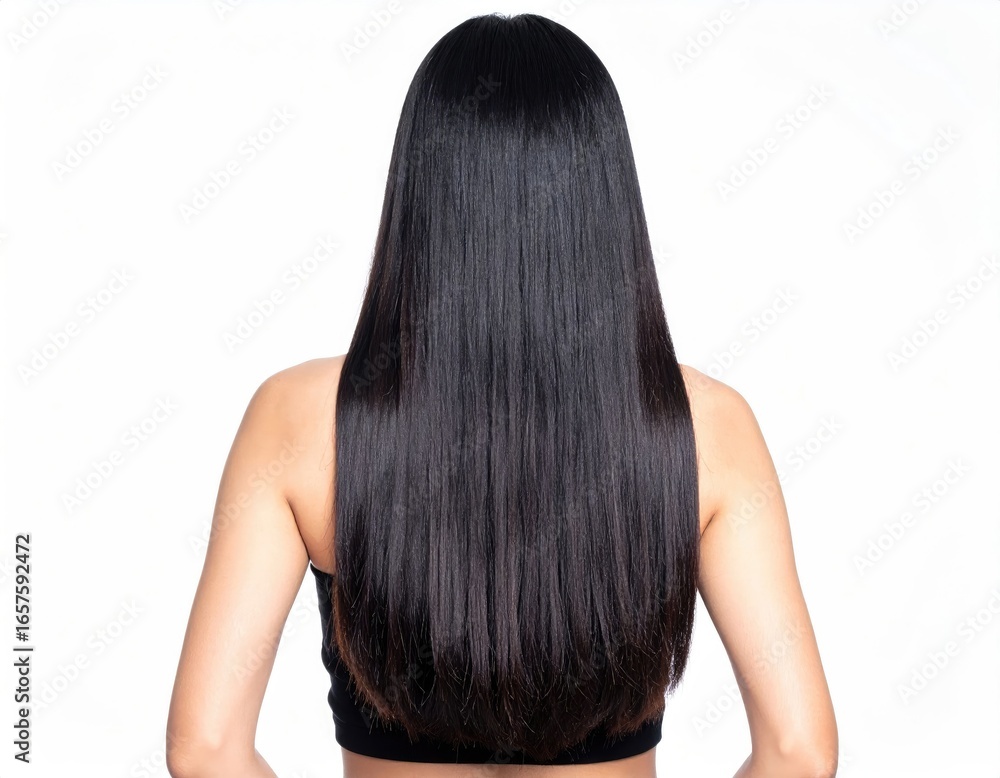 Naklejka premium Rear View Straight Black Hair Fashion Beauty and Hairstyle Image