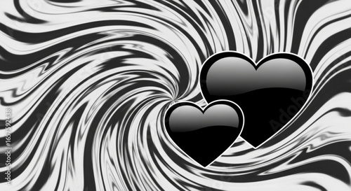 Black hearts on swirling vortex background for love romance and valentine's day design projects and graphics