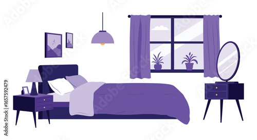 A Purple Bedroom With A Bed Window And Furniture silhouette