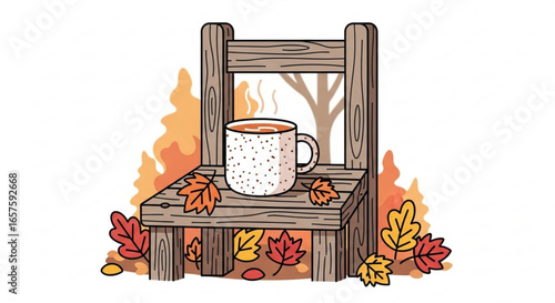 Autumn scene with warm drink on wooden chair and fall leaves for cozy season illustration vector image