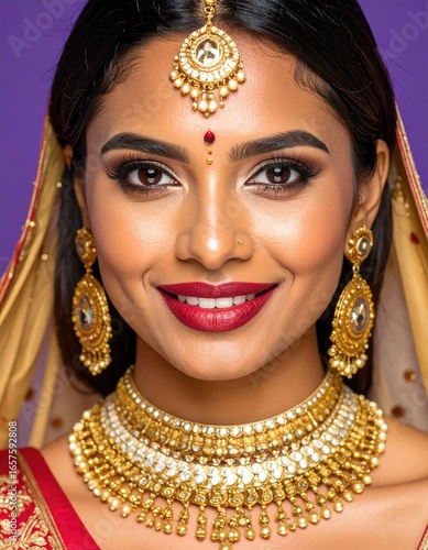 Portrait of Beautiful Indian Bride with Traditional Gold Jewelry and Makeup