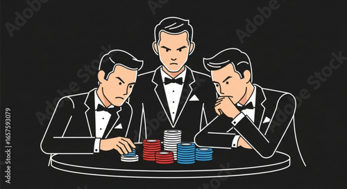 Poker game night illustration of men playing cards with poker chips casino gambling and tuxedo suits