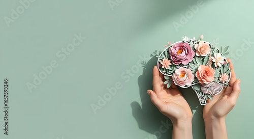 Mental Health Brain Wellness Concept Hands Holding Flowers in Brain Shape