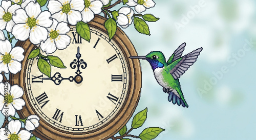 Hummingbird and clock with flowers vector art illustration for spring time design and nature lovers project