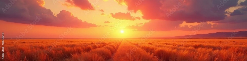 Obraz premium Fiery orange and pink hues paint the sky, illuminating a vast golden field , field, nature, sunset