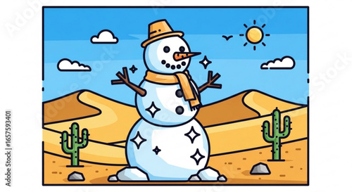 Illustration of a snowman in the desert with cactus and sun for seasonal winter holiday design