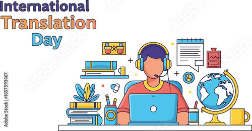 International translation day illustration featuring a translator working on a laptop, celebrating global communication