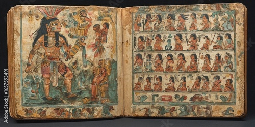 Open ancient codex with colorful Aztec-style drawings of deities, animals, and symbolic figures on weathered pages with grid-like layout. Generative by AI.