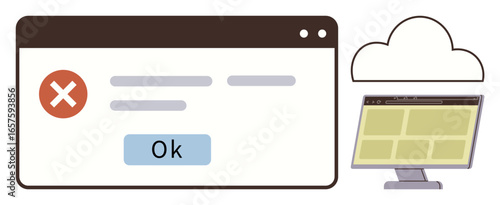 Error message box with Ok button, an exclamation mark in red circle, monitor displaying grid interface, cloud icon. Ideal for technology, data sync, error alert, user interface, cloud computing