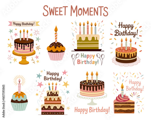 Set with birthday cakes, candles, balloons, and festive decorative elements, perfect for greeting cards, party invitations, and celebration designs. Flat vector illustrations isolated