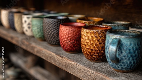 Colorful handcrafted ceramic mugs on rustic wooden shelf