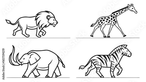 African Safari Animals – Lion, Giraffe, Elephant and Zebra Vector Illustrations Representing Wildlife, Jungle, Nature and Exotic Animal Designs.