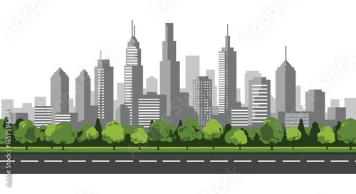 A city skyline with tall buildings and trees along a road silhouette