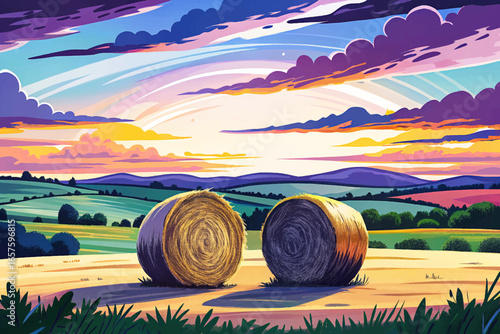 Golden hay ball in a wide rural landscape during sunset, symbolizing countryside farming, agricultural harvest, peaceful nature, and the beauty of rustic farmland scenery.