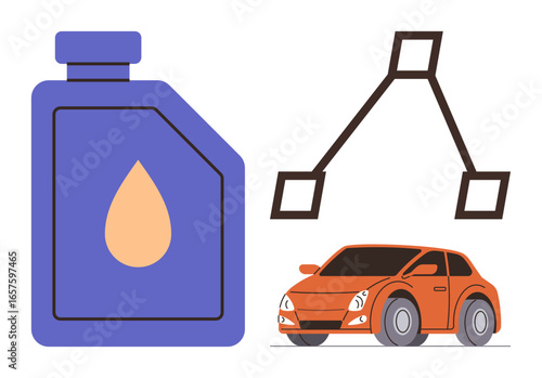 Motor oil bottle with droplet, molecular diagram, and orange car represent automotive care, lubrication, and chemistry. Ideal for engineering, industry, innovation, transportation technology