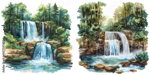 waterfall in forest watercolor vector illustration