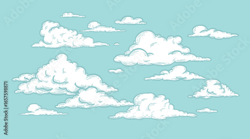 Set of clouds in sketch hand drawn vintage retro style. Cloudscape blue background. Vector illustration.