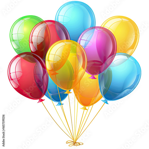 A bunch of colorful balloons, various shades of vibrant hues, tied together with golden strings.  Glossy, inflated balloons create a festive, celebratory image