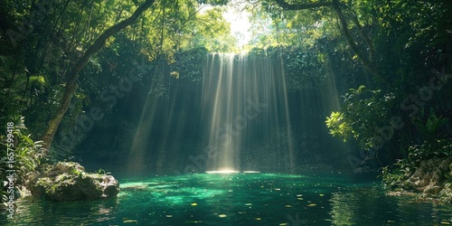 Tropical cenote cave with turquoise water, sunrays streaming through tree canopy, rocks, vines hanging, dense jungle vegetation, crystal clear pool, natural cave walls. Generative by AI.