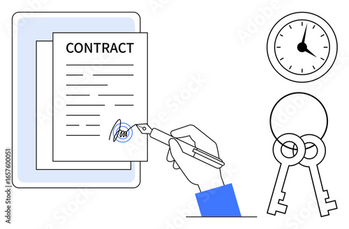 Hand signing a contract with a fountain pen, accompanied by a clock and two keys. Ideal for legal services, property rental, agreements, time management, deadlines, ownership and partnerships. A