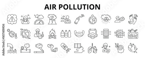 30 Air Pollution Line Icons Vector - Industrial Emission, Particulate Matter, Ozone Depletion, Acid Rain, Greenhouse Effect, Pneumonia 