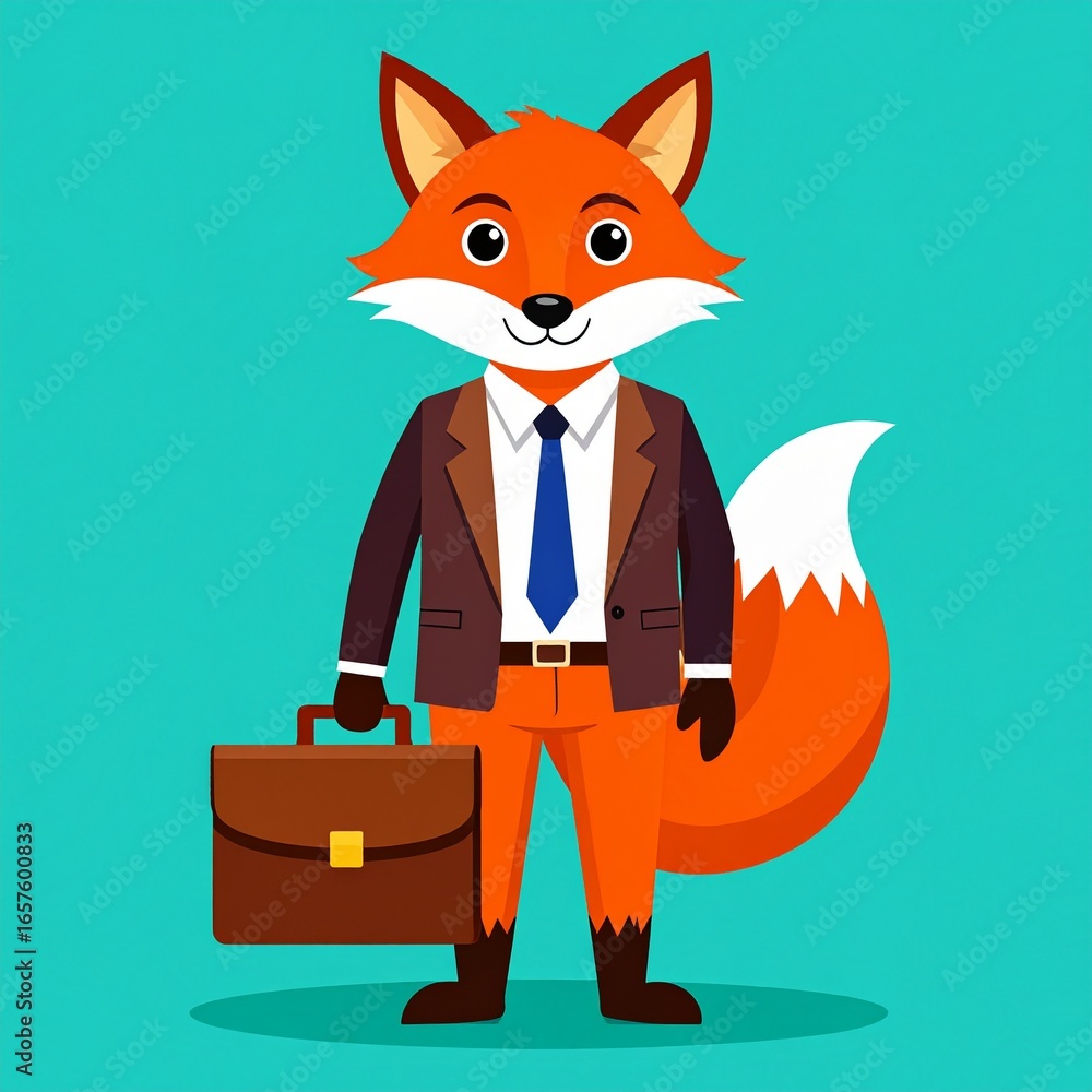 Obraz premium A charming fox in a business suit carries a briefcase against a vibrant teal backdrop.