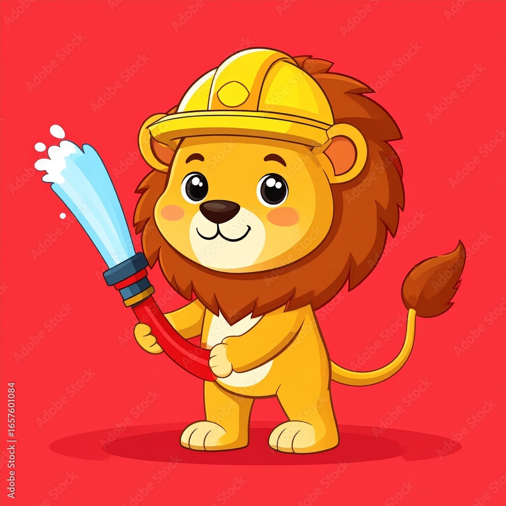 Obraz premium A cute lion firefighter holds a fire hose against a vibrant red background.