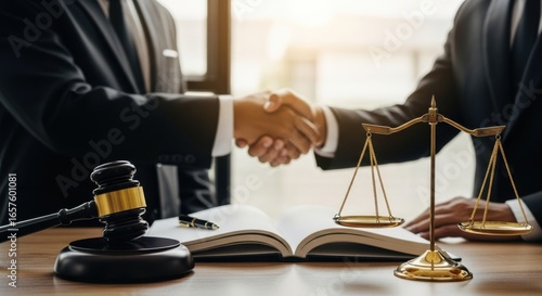 Two lawyers shaking hands over an open book with a gavel and scales of justice on a table, symbolizing legal agreement and justice