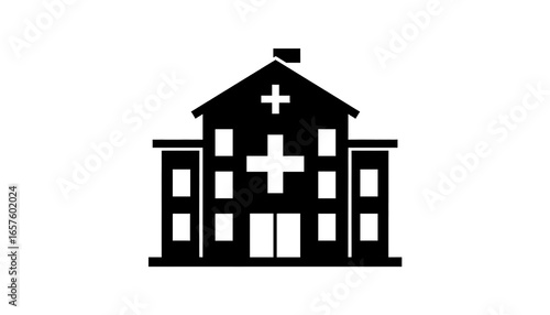 Silhouette of a hospital building with medical cross symbol and flag, outline vector illustration, isolated on black background, healthcare architecture icon design