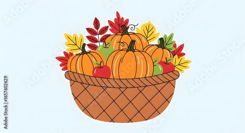 Vector flat illustration of harvest basket filled with pumpkins, apples, autumn leaves