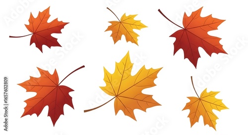 Vector flat design of falling maple leaves, warm gradient colors, isolated on white