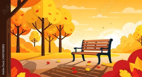 Cozy autumn park scene with golden trees, wooden bench, and scattered leaves, flat vector style