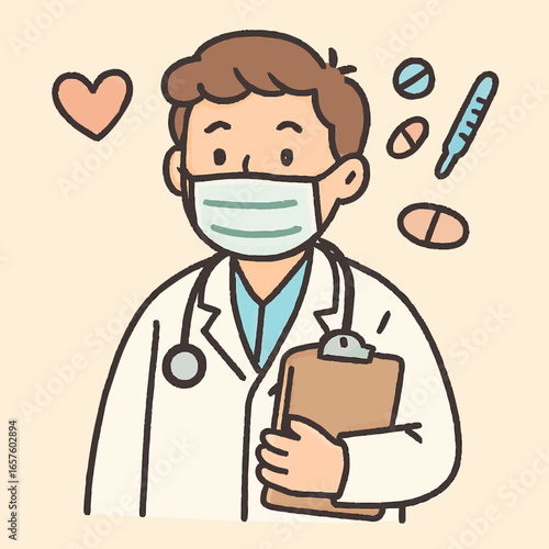 A friendly cartoon illustration depicts a male doctor wearing a protective face mask and white lab coat, holding a clipboard, surrounded by medical symbols.
