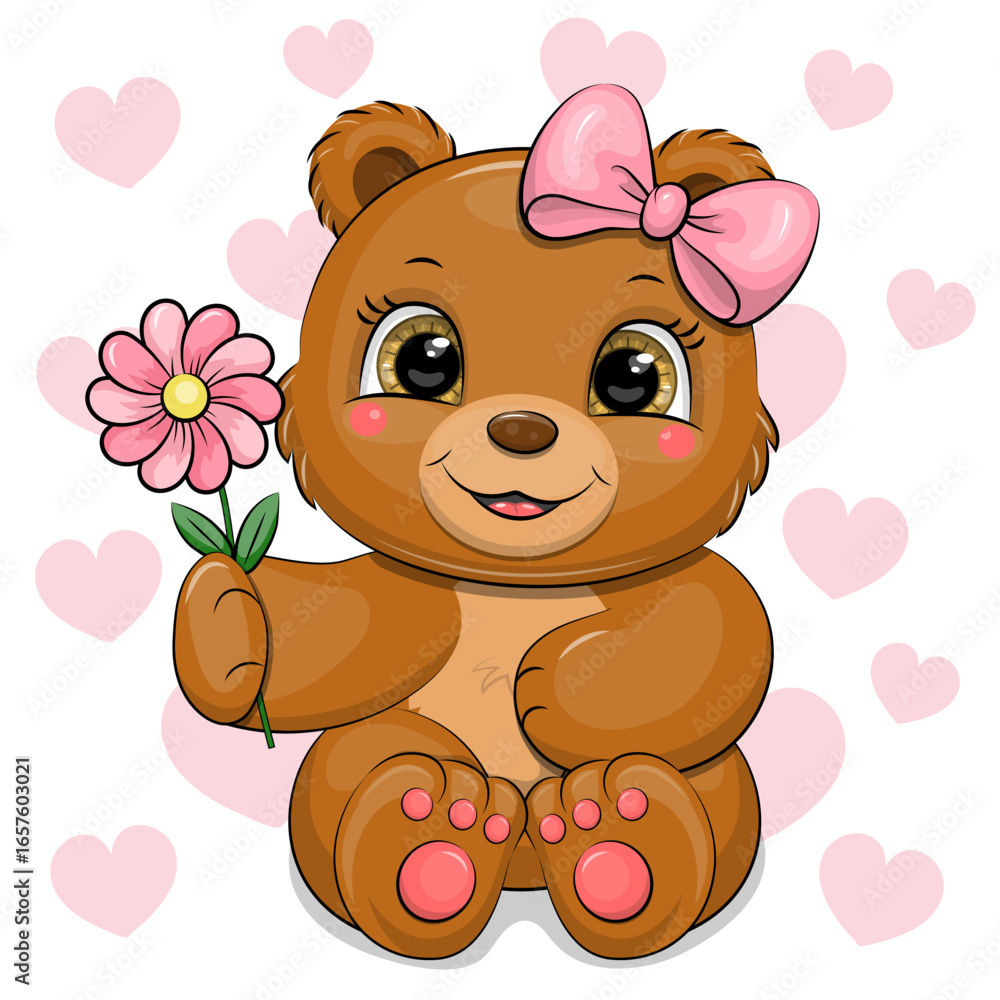 Fototapeta premium Cute Cartoon Bear with pink flower and bow. Vector Illustration with animal on white background with pink hearts.