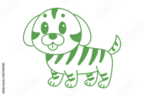 Cartoon striped puppy happily smiles, showing its tongue, and it stands on a white surface