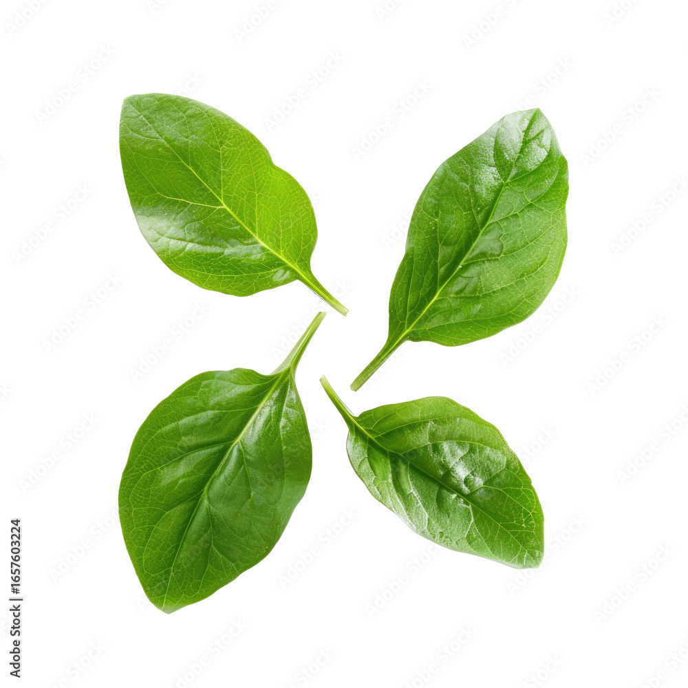 Fototapeta premium Close-up of four fresh, vibrant green leaves forming a cross shape