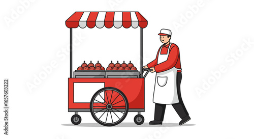 Illustration of a street vendor pushing a red food cart with a striped awning, offering prepared food for sale on a clean, white background.